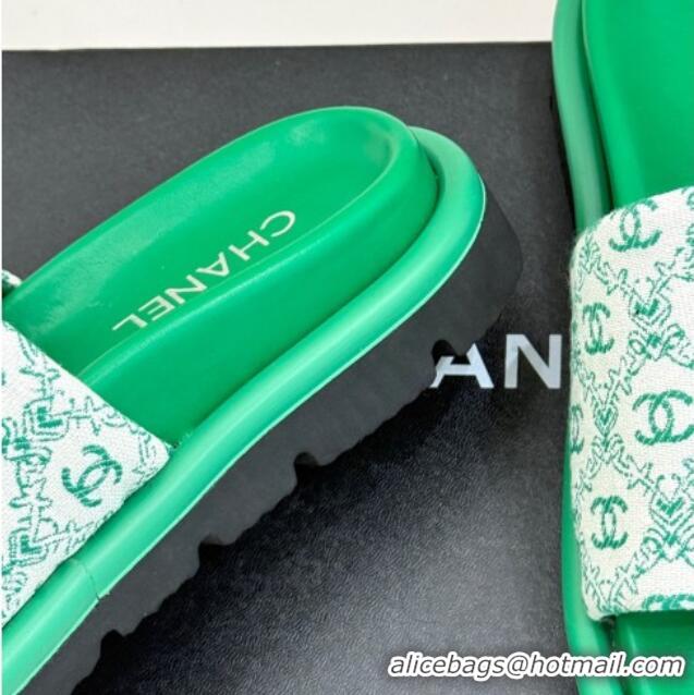 Top Design Chanel Printed Canvas Pillow Flat Slides Sandal Green 2025 CH041607