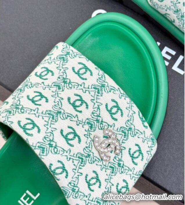 Top Design Chanel Printed Canvas Pillow Flat Slides Sandal Green 2025 CH041607
