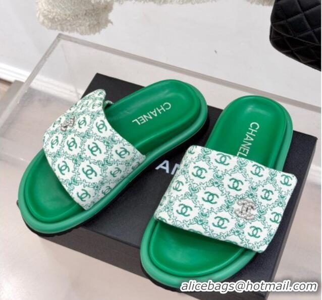 Top Design Chanel Printed Canvas Pillow Flat Slides Sandal Green 2025 CH041607