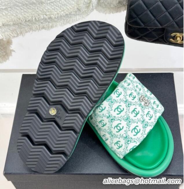 Top Design Chanel Printed Canvas Pillow Flat Slides Sandal Green 2025 CH041607