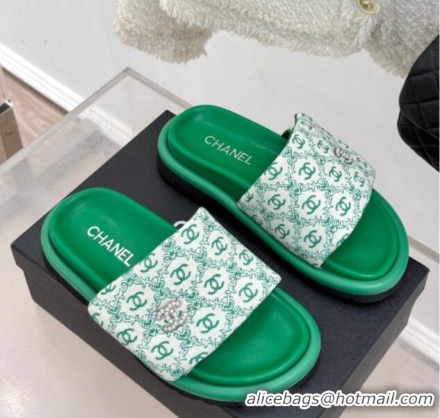 Top Design Chanel Printed Canvas Pillow Flat Slides Sandal Green 2025 CH041607