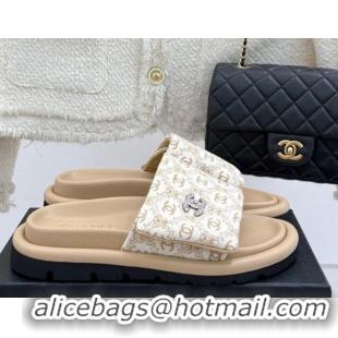 Cheap Price Chanel Printed Canvas Pillow Flat Slides Sandal Beige 2025 CH041607