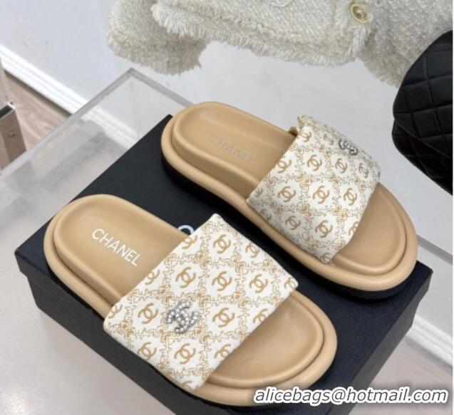 Cheap Price Chanel Printed Canvas Pillow Flat Slides Sandal Beige 2025 CH041607