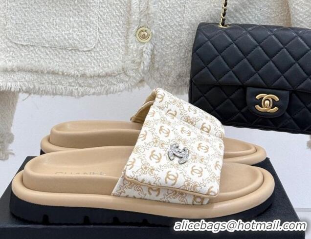 Cheap Price Chanel Printed Canvas Pillow Flat Slides Sandal Beige 2025 CH041607