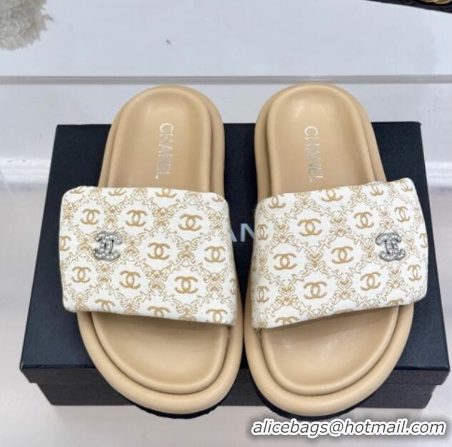 Cheap Price Chanel Printed Canvas Pillow Flat Slides Sandal Beige 2025 CH041607