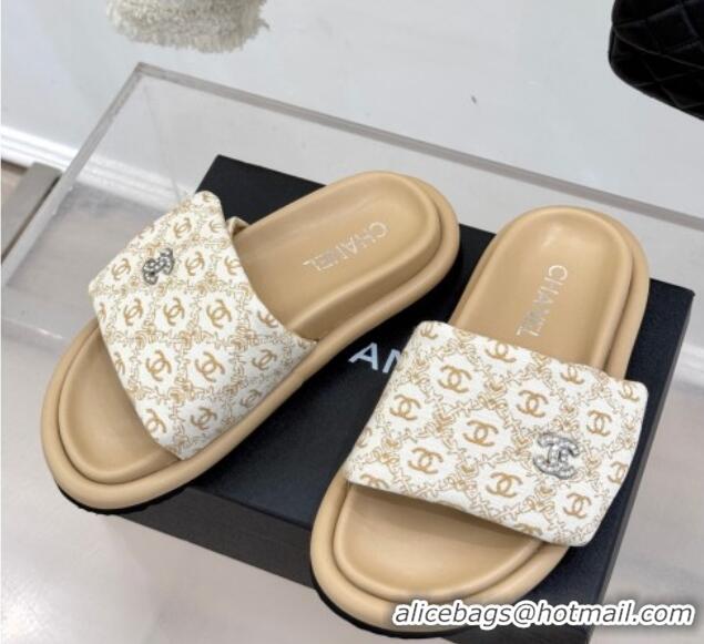 Cheap Price Chanel Printed Canvas Pillow Flat Slides Sandal Beige 2025 CH041607
