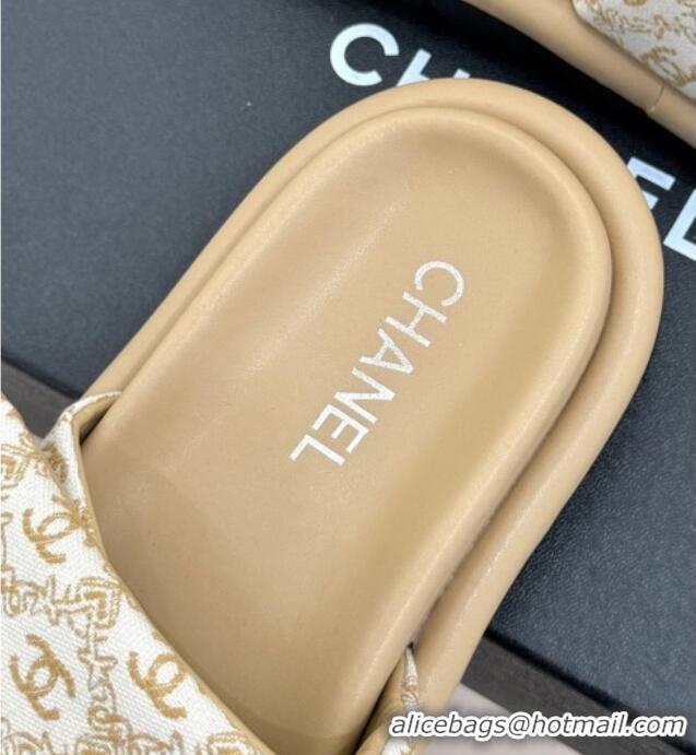 Cheap Price Chanel Printed Canvas Pillow Flat Slides Sandal Beige 2025 CH041607