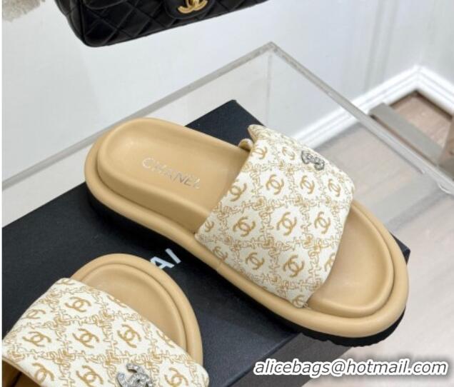 Cheap Price Chanel Printed Canvas Pillow Flat Slides Sandal Beige 2025 CH041607
