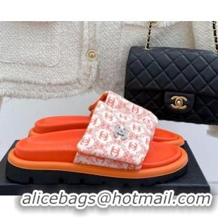 1:1 aaaaa Chanel Printed Canvas Pillow Flat Slides Sandal Orange 2025 CH041607