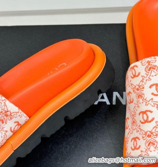 1:1 aaaaa Chanel Printed Canvas Pillow Flat Slides Sandal Orange 2025 CH041607