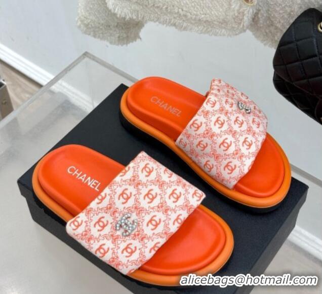 1:1 aaaaa Chanel Printed Canvas Pillow Flat Slides Sandal Orange 2025 CH041607