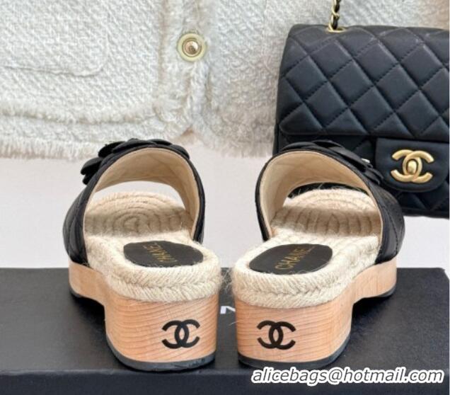 Sumptuous Chanel Calfskin Platform Slides Sandal 4cm with Camellia Black 2025 CH041608