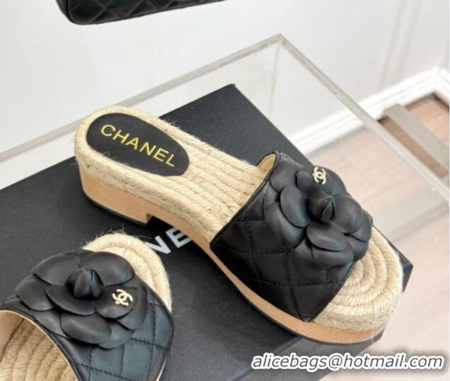 Sumptuous Chanel Calfskin Platform Slides Sandal 4cm with Camellia Black 2025 CH041608