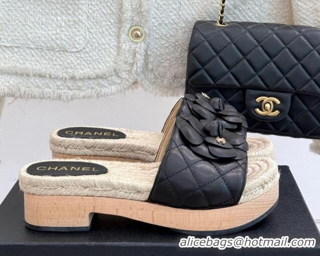 Sumptuous Chanel Calfskin Platform Slides Sandal 4cm with Camellia Black 2025 CH041608