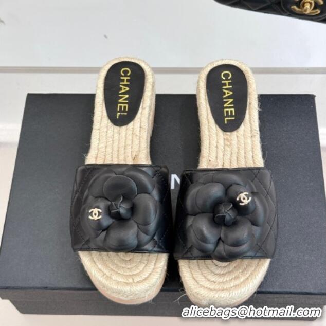 Sumptuous Chanel Calfskin Platform Slides Sandal 4cm with Camellia Black 2025 CH041608