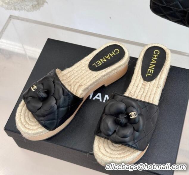 Sumptuous Chanel Calfskin Platform Slides Sandal 4cm with Camellia Black 2025 CH041608