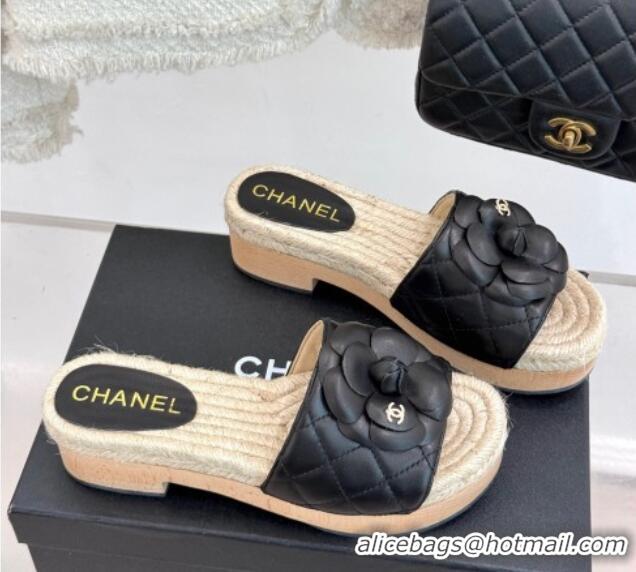 Sumptuous Chanel Calfskin Platform Slides Sandal 4cm with Camellia Black 2025 CH041608