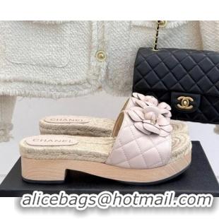 Good Product Chanel Calfskin Platform Slides Sandal 4cm with Camellia Pale Pink 2025 CH041608