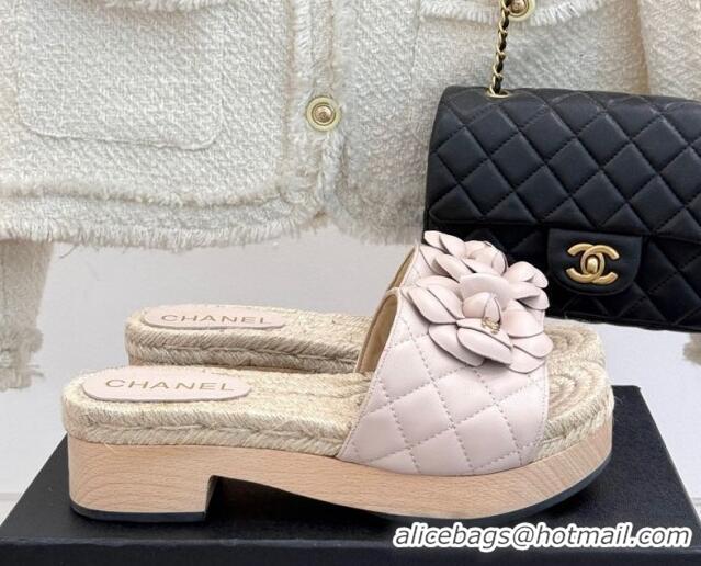 Good Product Chanel Calfskin Platform Slides Sandal 4cm with Camellia Pale Pink 2025 CH041608