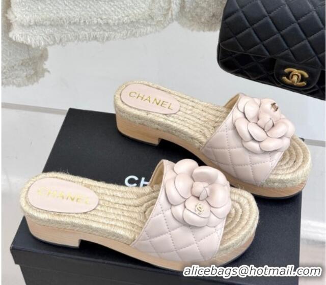 Good Product Chanel Calfskin Platform Slides Sandal 4cm with Camellia Pale Pink 2025 CH041608