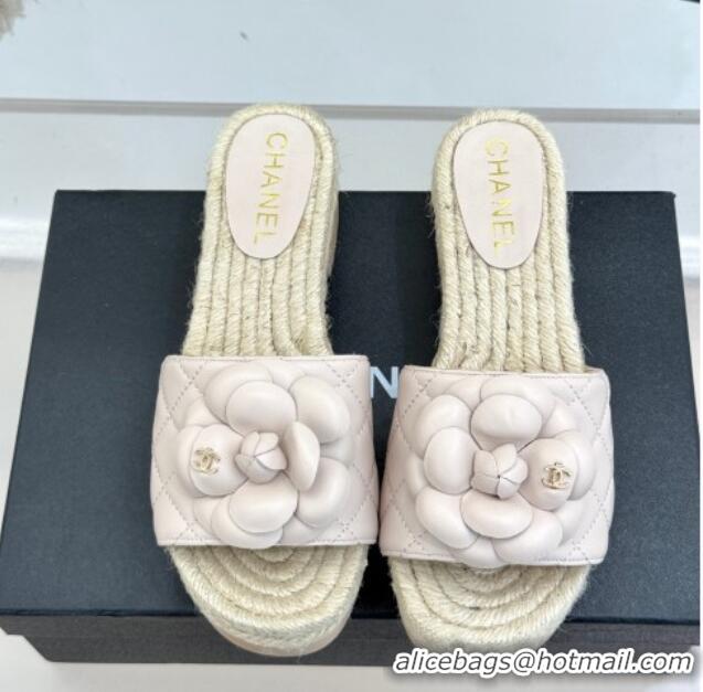 Good Product Chanel Calfskin Platform Slides Sandal 4cm with Camellia Pale Pink 2025 CH041608