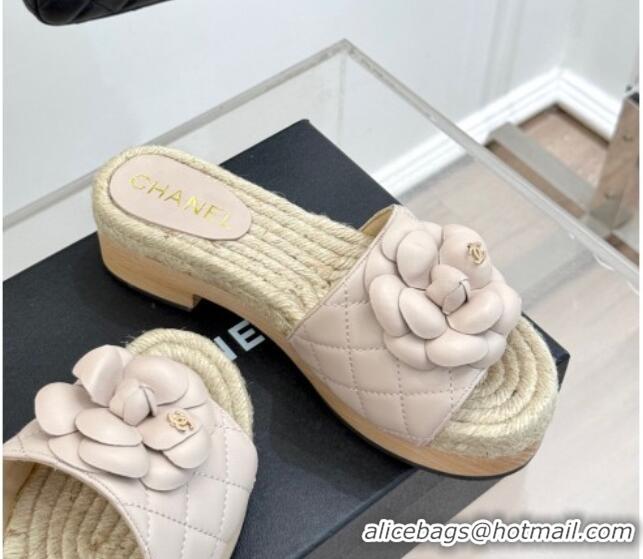 Good Product Chanel Calfskin Platform Slides Sandal 4cm with Camellia Pale Pink 2025 CH041608