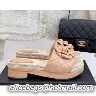 Hot Style Chanel Calfskin Platform Slides Sandal 4cm with Camellia Beige 2025 CH041608