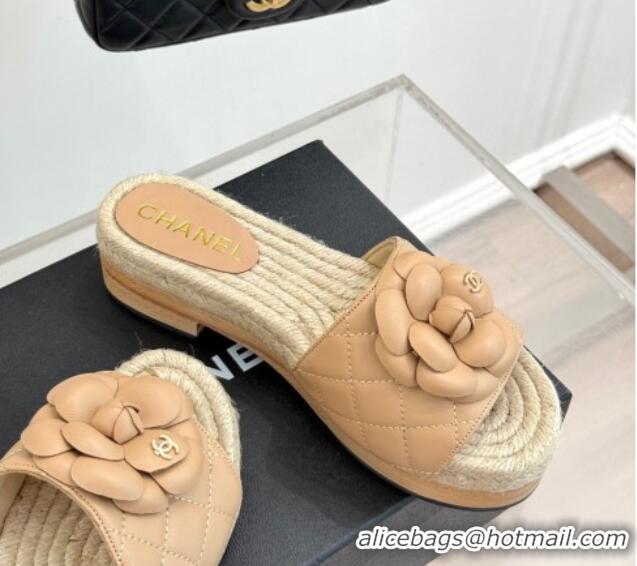 Hot Style Chanel Calfskin Platform Slides Sandal 4cm with Camellia Beige 2025 CH041608