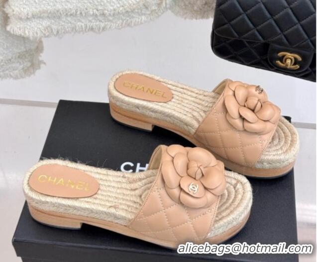 Hot Style Chanel Calfskin Platform Slides Sandal 4cm with Camellia Beige 2025 CH041608