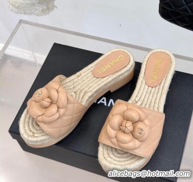 Hot Style Chanel Calfskin Platform Slides Sandal 4cm with Camellia Beige 2025 CH041608