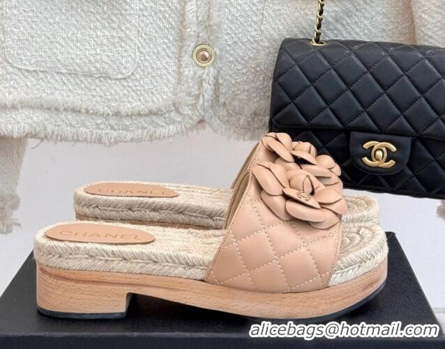 Hot Style Chanel Calfskin Platform Slides Sandal 4cm with Camellia Beige 2025 CH041608