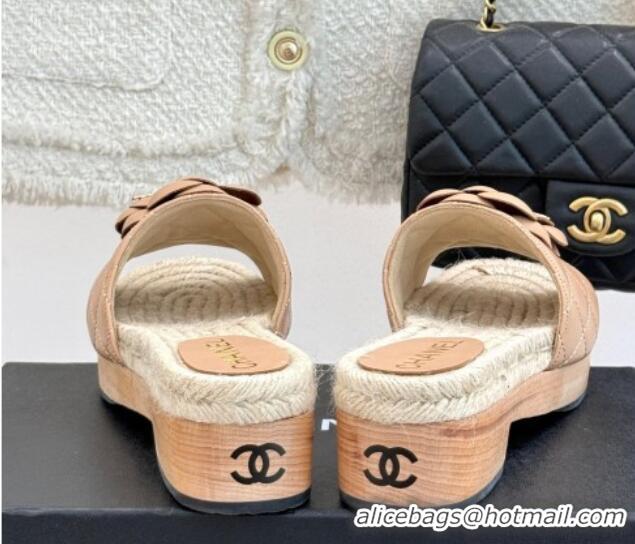 Hot Style Chanel Calfskin Platform Slides Sandal 4cm with Camellia Beige 2025 CH041608