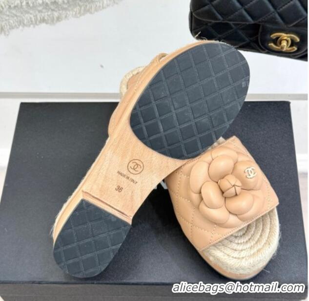 Hot Style Chanel Calfskin Platform Slides Sandal 4cm with Camellia Beige 2025 CH041608
