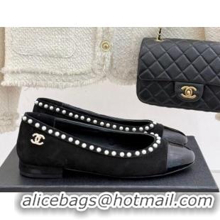 Charming Chanel Suede & Patent Calfskin Ballet Flats with Pearls Black 2025 CH041609