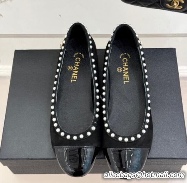 Charming Chanel Suede & Patent Calfskin Ballet Flats with Pearls Black 2025 CH041609