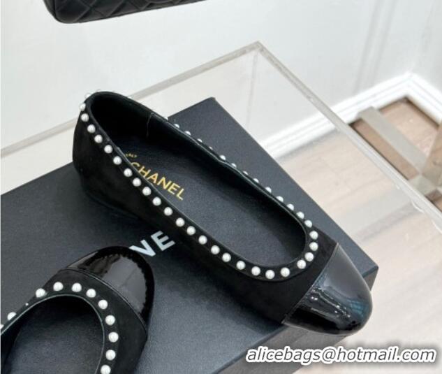 Charming Chanel Suede & Patent Calfskin Ballet Flats with Pearls Black 2025 CH041609