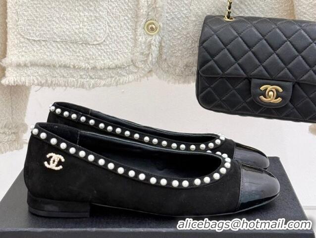 Charming Chanel Suede & Patent Calfskin Ballet Flats with Pearls Black 2025 CH041609