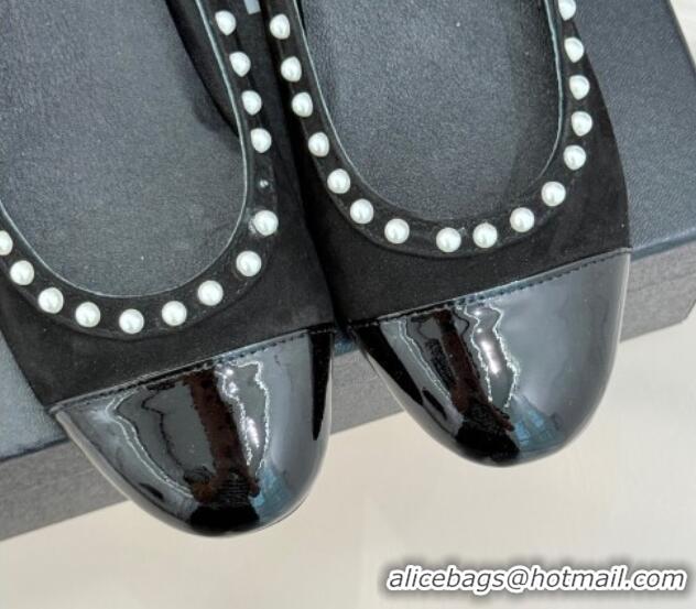 Charming Chanel Suede & Patent Calfskin Ballet Flats with Pearls Black 2025 CH041609