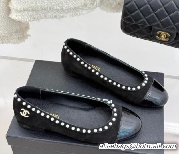 Charming Chanel Suede & Patent Calfskin Ballet Flats with Pearls Black 2025 CH041609