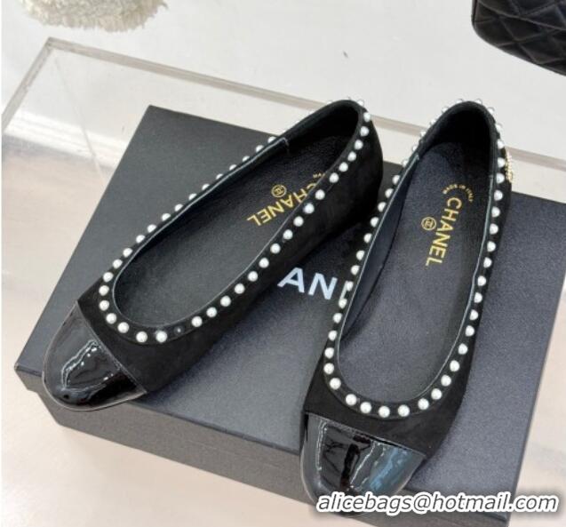 Charming Chanel Suede & Patent Calfskin Ballet Flats with Pearls Black 2025 CH041609