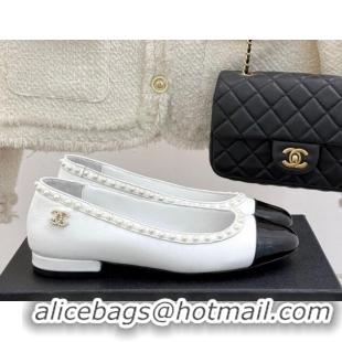 Lower Price Chanel Lambskin & Patent Calfskin Ballet Flats with Pearls White 2025 CH041609