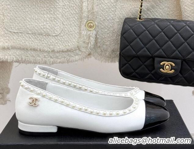 Lower Price Chanel Lambskin & Patent Calfskin Ballet Flats with Pearls White 2025 CH041609