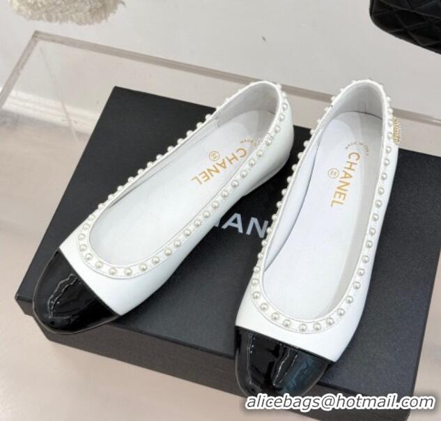 Lower Price Chanel Lambskin & Patent Calfskin Ballet Flats with Pearls White 2025 CH041609