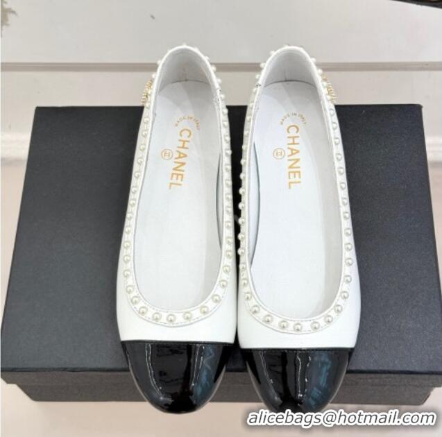 Lower Price Chanel Lambskin & Patent Calfskin Ballet Flats with Pearls White 2025 CH041609