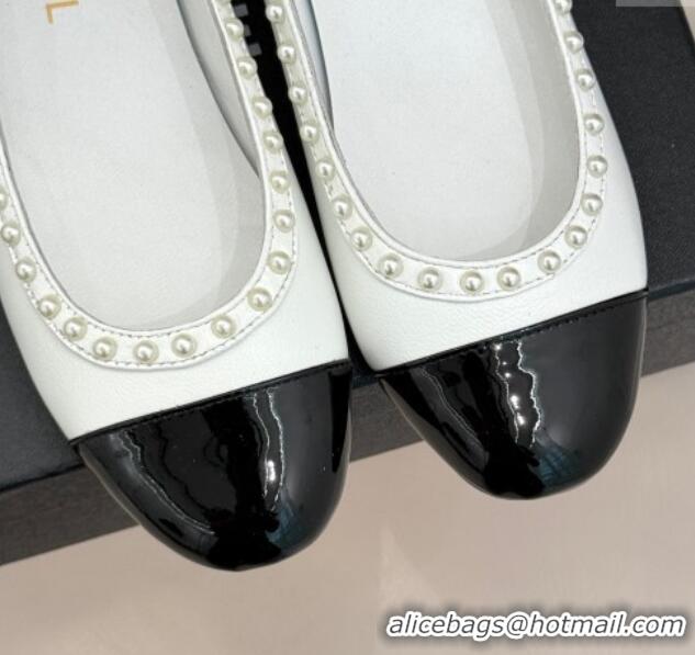 Lower Price Chanel Lambskin & Patent Calfskin Ballet Flats with Pearls White 2025 CH041609