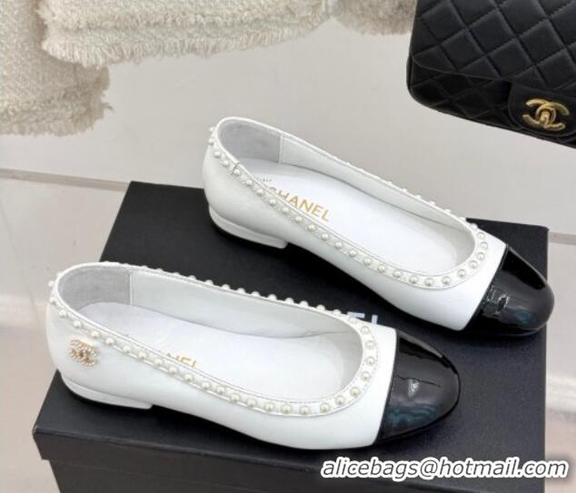 Lower Price Chanel Lambskin & Patent Calfskin Ballet Flats with Pearls White 2025 CH041609