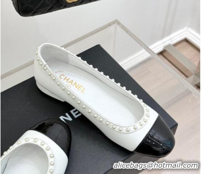 Lower Price Chanel Lambskin & Patent Calfskin Ballet Flats with Pearls White 2025 CH041609
