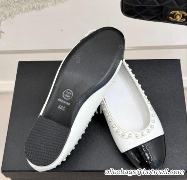 Lower Price Chanel Lambskin & Patent Calfskin Ballet Flats with Pearls White 2025 CH041609