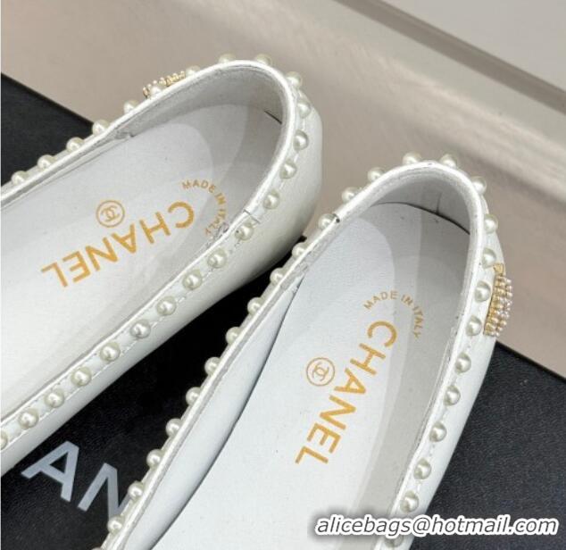 Lower Price Chanel Lambskin & Patent Calfskin Ballet Flats with Pearls White 2025 CH041609