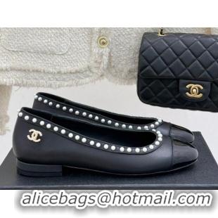 Stylish Chanel Lambskin & Patent Calfskin Ballet Flats with Pearls Black 2025 CH041609